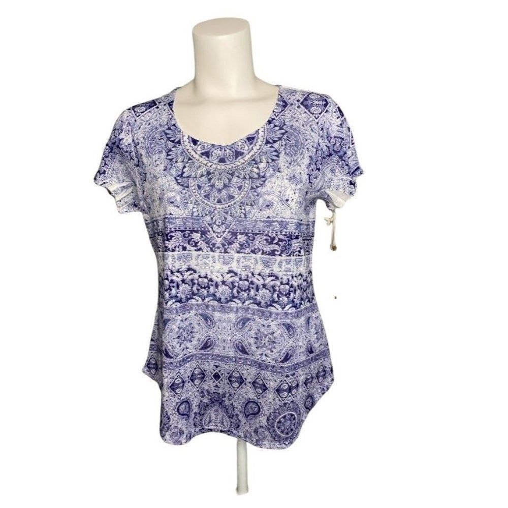 World Unity Blue White Studded Top Floral Paisley Small NEW